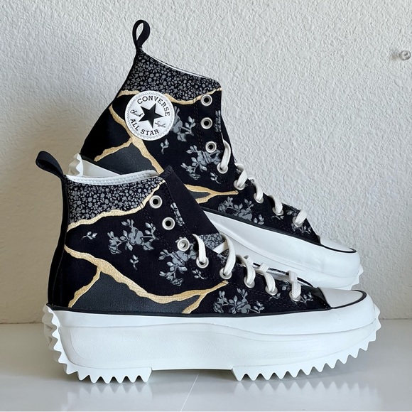Converse Run Star Hike Platform Hi Top Black White Gold 'Metalic Floral' - Picture 1 of 6